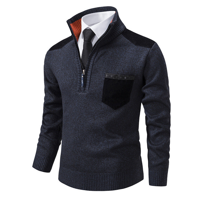 Herren eleganter Pullover mit Stehkragen und praktischer Brusttasche EB