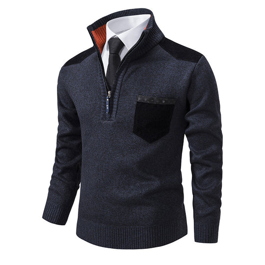 Herren eleganter Pullover mit Stehkragen und praktischer Brusttasche EB