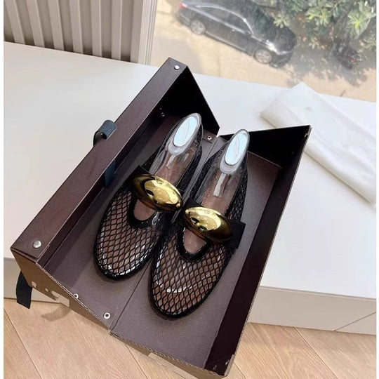 Damen Ballerinas mit luftiger Netzstruktur und dekorativem Goldakzent EB