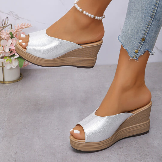 Damen Wedge-Sandalen mit offener Zehenpartie und schimmerndem Obermaterial EB