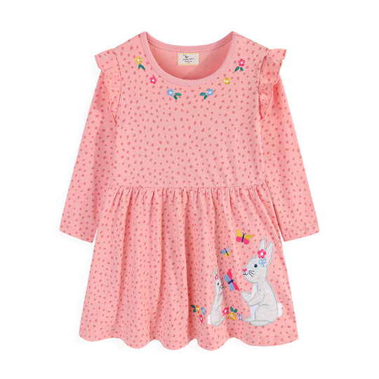 Mädchen Langarmkleid mit niedlichen Hasen- und Blumenapplikationen EB