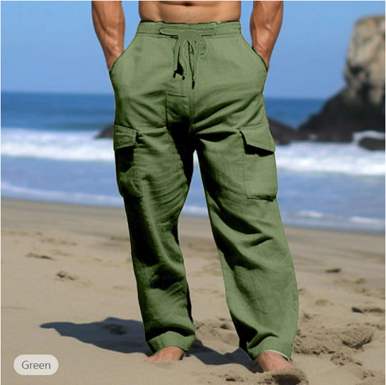 Herren nan weite Freizeit-Cargohose aus Leinenmix mit Tunnelzugbund, aufgesetzten Klappentaschen und entspanntem Strandfit EB
