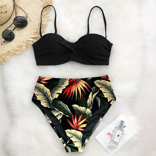 Damen Hoch tailliertes Bikini-Set mit floralem Oberteil EB