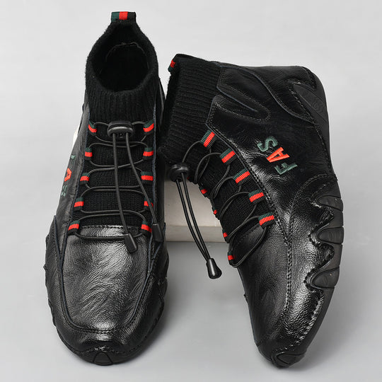 Damen Sportliche Leder Sneakers mit hohem Schaft und elastischer Schnürung EB