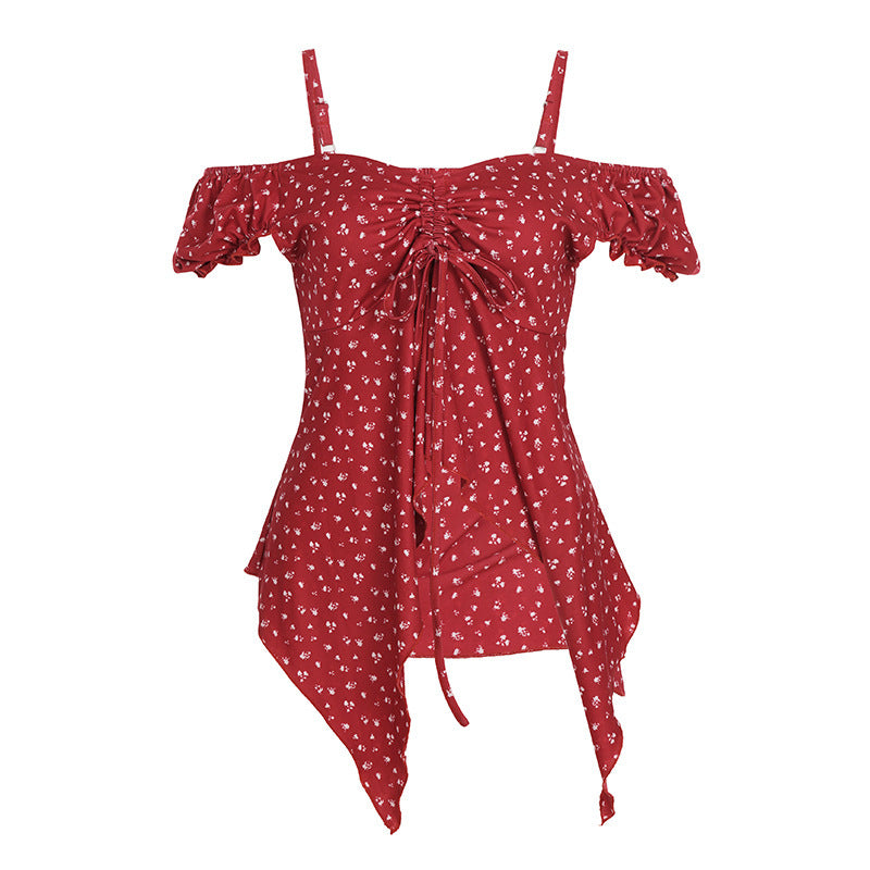 Damen Off-Shoulder-Oberteil mit süßem Blumenmuster und Raffung EB