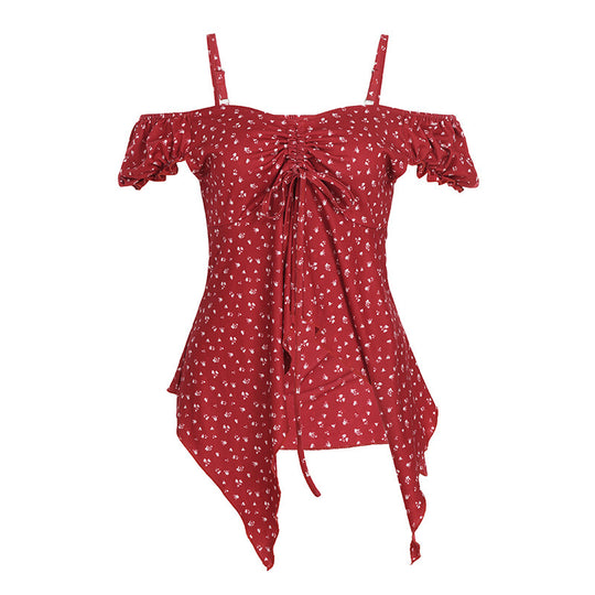 Damen Off-Shoulder-Oberteil mit süßem Blumenmuster und Raffung EB