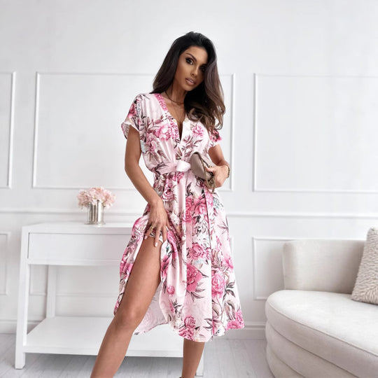 Damen Wickelkleid mit eleganter Blumenmusterung und Taillengürtel EB