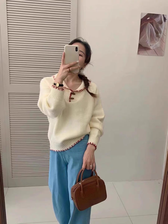 Damen lässiger Strickpullover mit einzigartigem Knopfdesign und Kontrastdetails EB