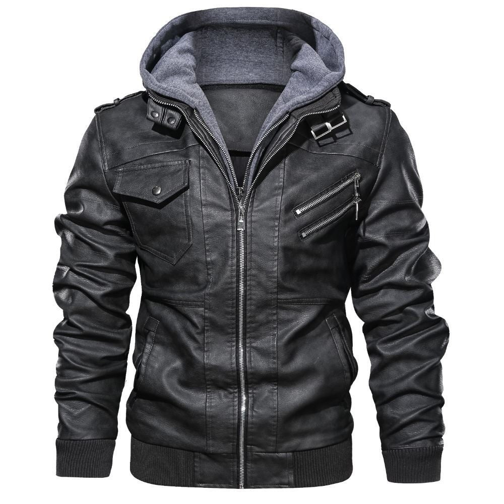 Herren flauschige Kunstlederjacke mit Hoodie EB