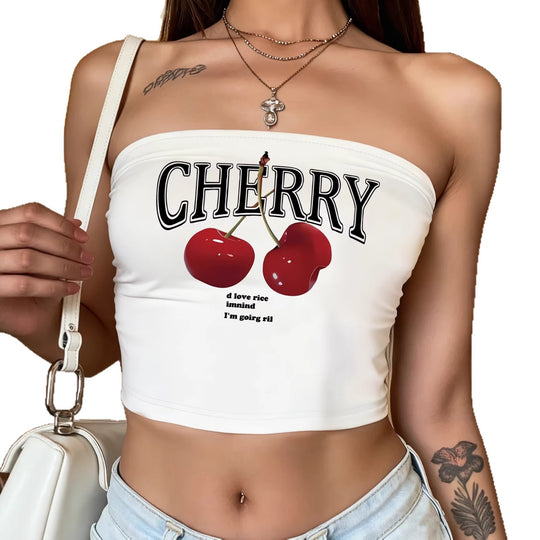 Damen Bandeau Top mit auffälligem Kirschmotiv EB