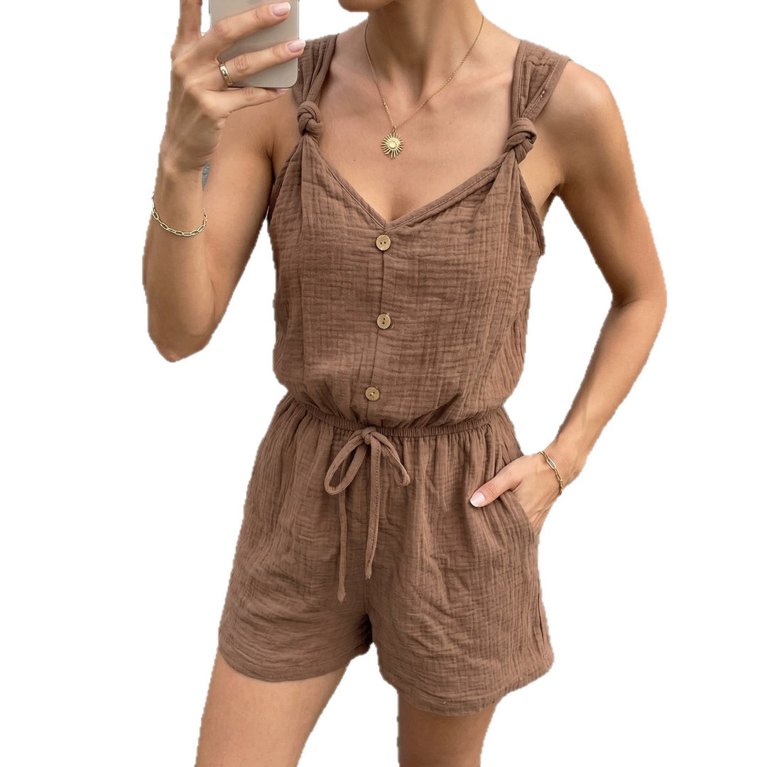 Damen lässiger Jumpsuit mit knöpfbarem V-Ausschnitt und elastischem Bund EB