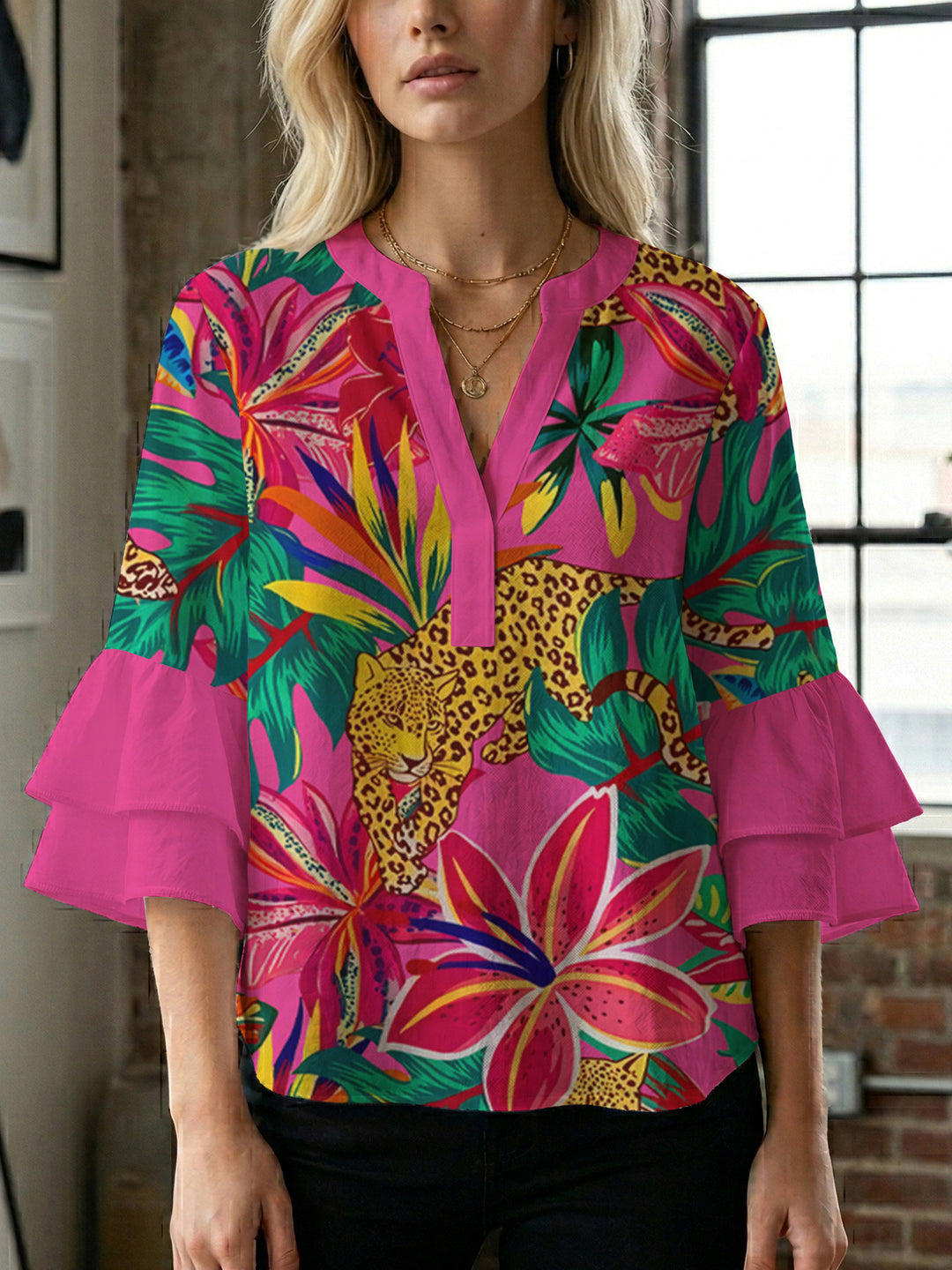Damen lässige Bluse mit Volantärmeln und botanischem Druck EB