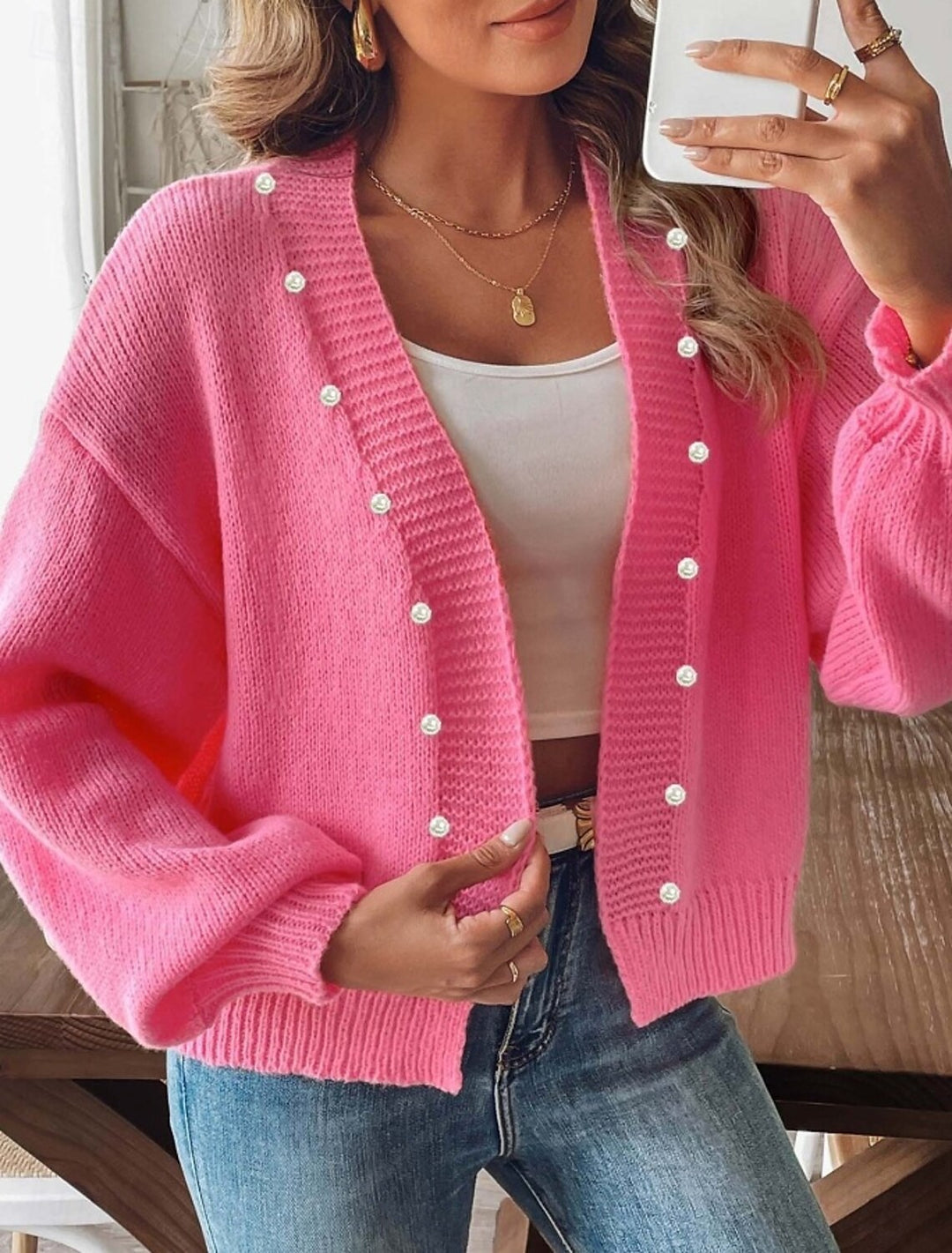 Damen nan grobstrick Cardigan mit Perlenknöpfen und Balloonärmeln EB