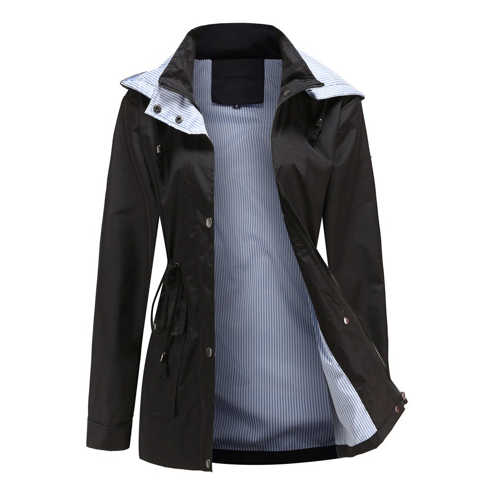 Damen Wetterfeste Regenjacke mit verstellbarem Kapuzenkragen und Taillenzug EB