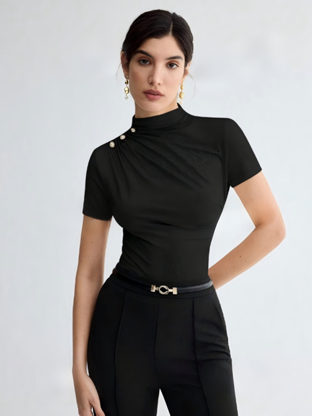 Damen elegantes Oberteil mit dekorativen Knopfdetails und modernem Stehkragen EB