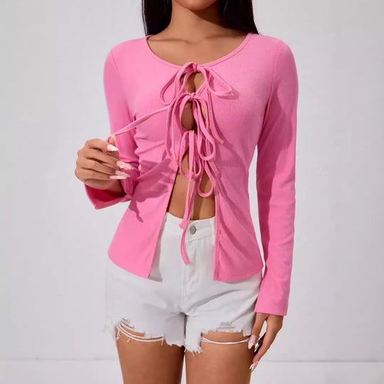 Damen geripptes Longsleeve-Top mit mehrfachem Front-Schnürdetail, Cut-Outs und taillierter Passform Eichborn Berlin
