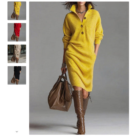 Damen nan gestricktes Pulloverkleid mit Polokragen, Eingrifftaschen und lässiger Passform EB