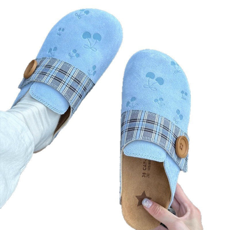 Damen Clogs mit modischem Karodesign und dekorativer Knopfdetails EB