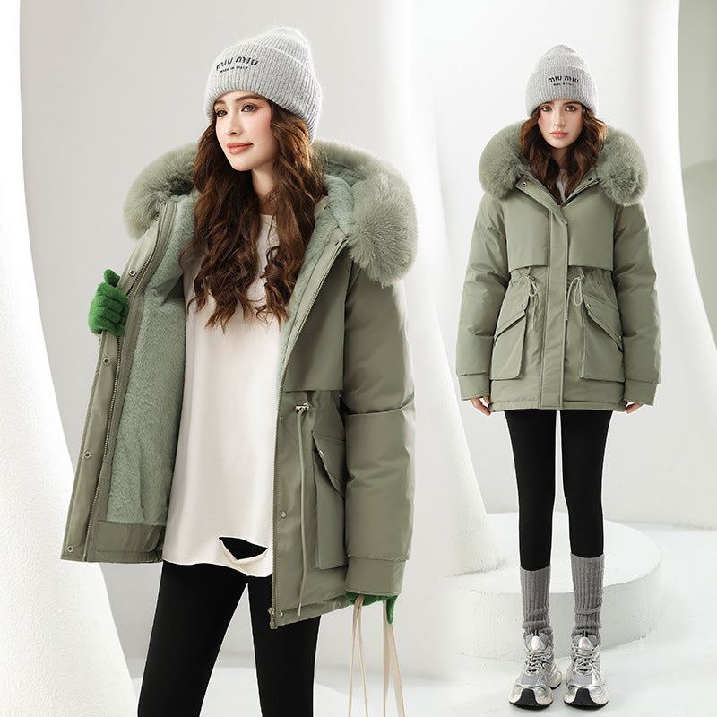 Damen Modische Winterjacke mit abnehmbarer Kapuze und hochwertigem Kunstfell EB