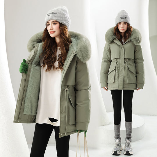Damen Modische Winterjacke mit abnehmbarer Kapuze und hochwertigem Kunstfell EB