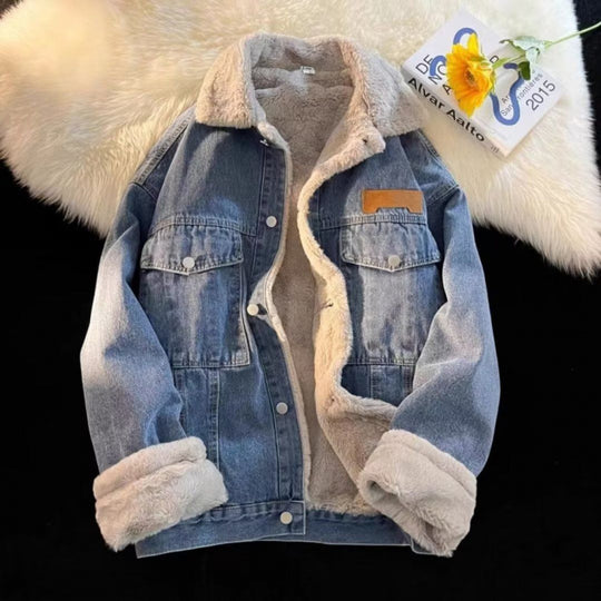Damen oversized Jeansjacke mit Innenfutter aus Teddyfell EB