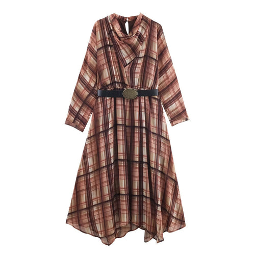 Damen Langarm Kleid im karierten Design mit asymmetrischem Saum und Bindegürtel EB