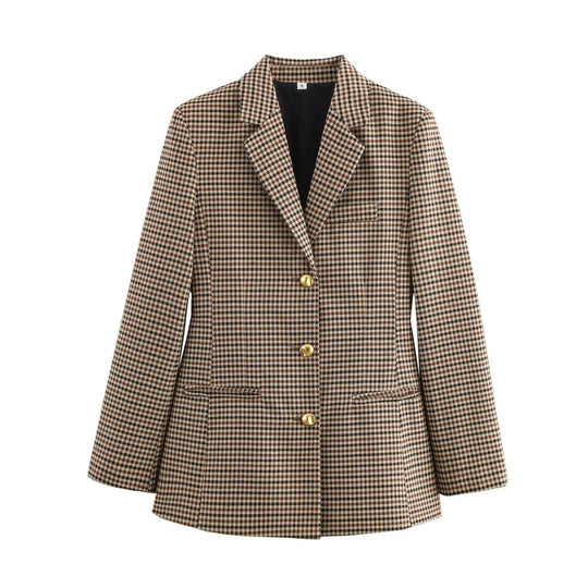 Damen moderne kariert Blazerjacke mit goldenen Knöpfen EB
