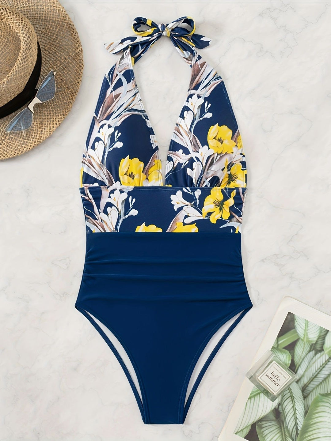 Damen Einteiliger Badeanzug mit floralem Design und Langen Bindebändern EB