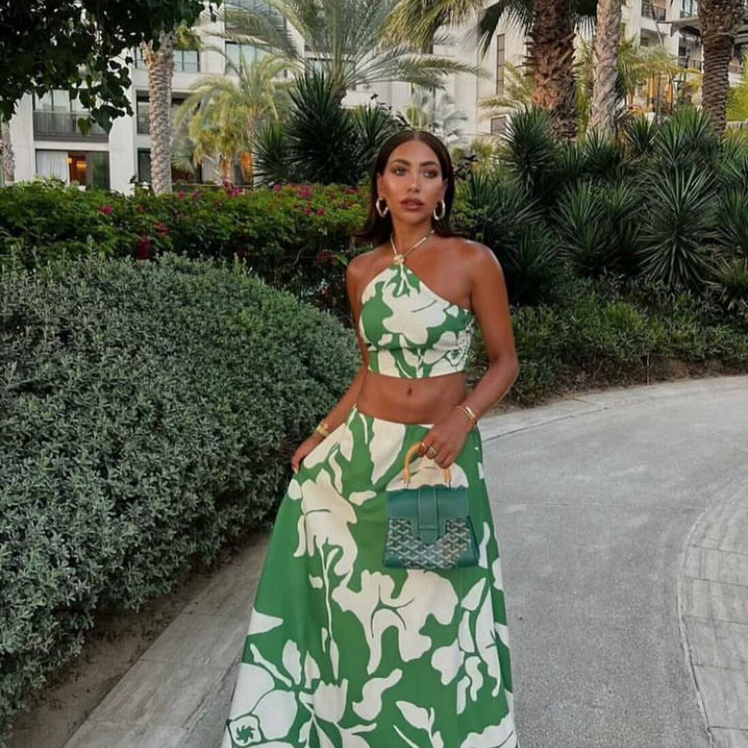 Damen Set aus Crop-Top und Maxiröcken mit floralem Design EB