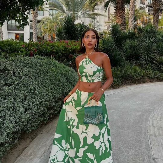 Damen Set aus Crop-Top und Maxiröcken mit floralem Design EB