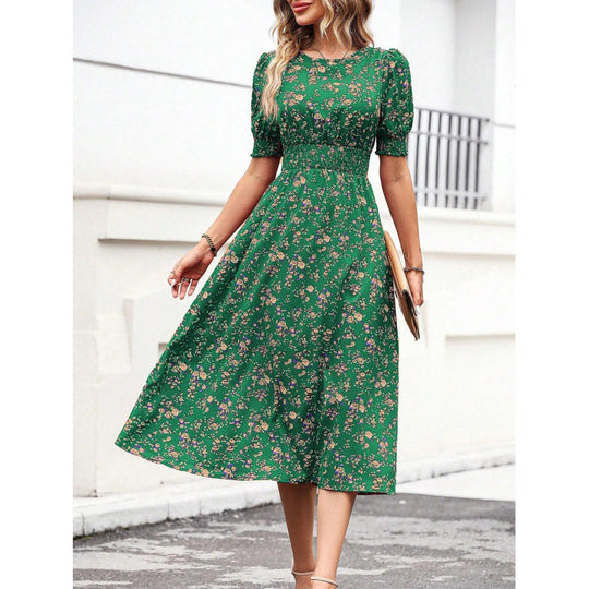 Damen Leichtes Blumendruck Maxi Kleid mit Smock-Taille EB