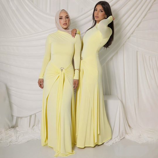 Damen Elegantes Maxikleid mit Drapierungsdetails und langem Arm EB
