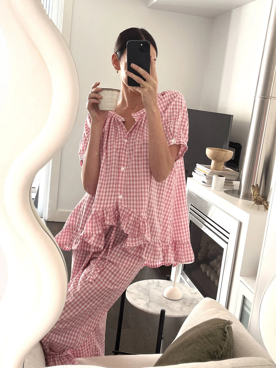 Damen Pyjama-Set mit Rüschen und Karomuster EB