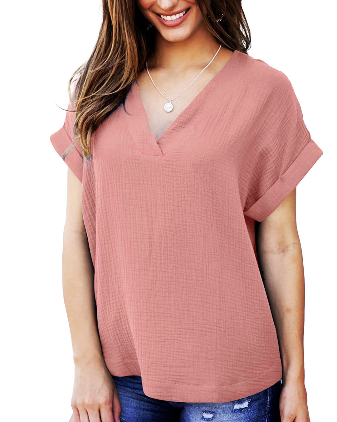 Damen lässiges V-Ausschnitt T-Shirt mit luftiger Passform und umgeschlagenen Ärmeln EB