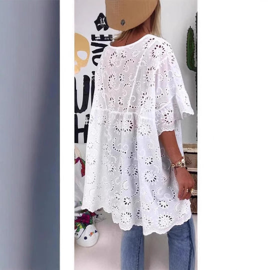 Damen Bluse mit floralen Stickereien und weiten Ärmeln EB