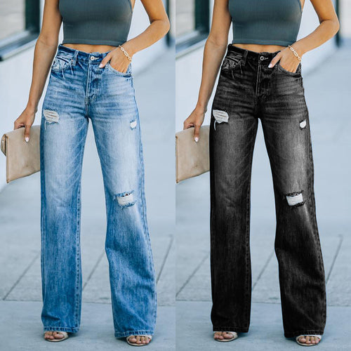 Damen High-Waist Schluchzen Jeans mit weitem Beinum EB