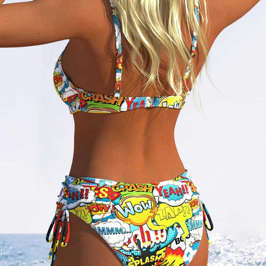 Damen Bikini-Set mit verspieltem Comic-Print und verstellbaren Seitenschnüren EB
