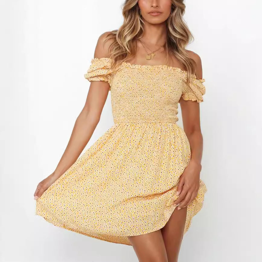 Damen Off-Shoulder Sommerkleid mit elastischem Oberteil und verspielten Rüschendetails EB