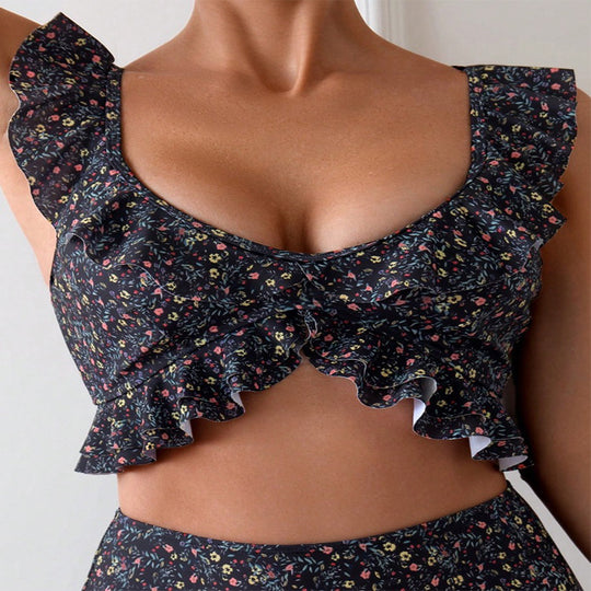 Damen Bikiniset mit hohem Bund und verspieltem Rüschen-Design EB