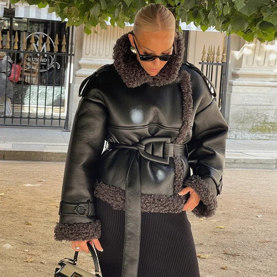 Damen Modische Kunstlederjacke mit kuscheligem Fellkragen und tailliertem Gürtel EB