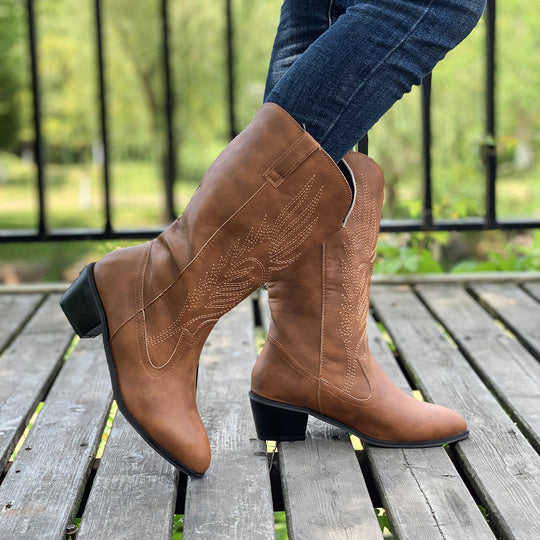Damen Cowboy-Stiefel mit hohem Absatz und kunstvollen Stickereien EB