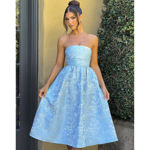 Damen schulterfreies A-Linien Kleid mit luxuriösem Blumenmuster EB