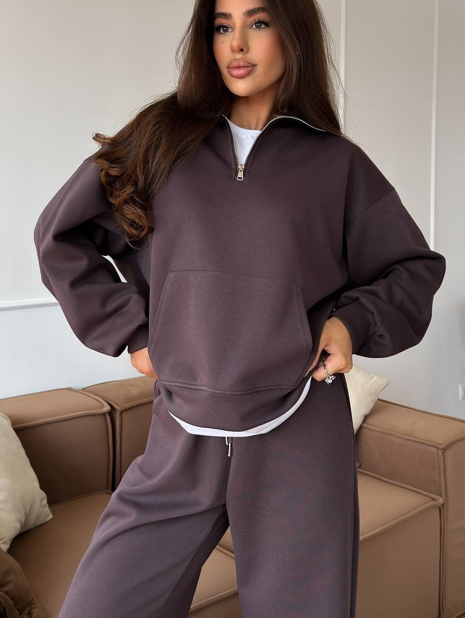 Damen nan weites Halfzip-Lounge-Set mit Kapuzenpullover, Kängurutasche und fließender Wide-Leg-Hose EB