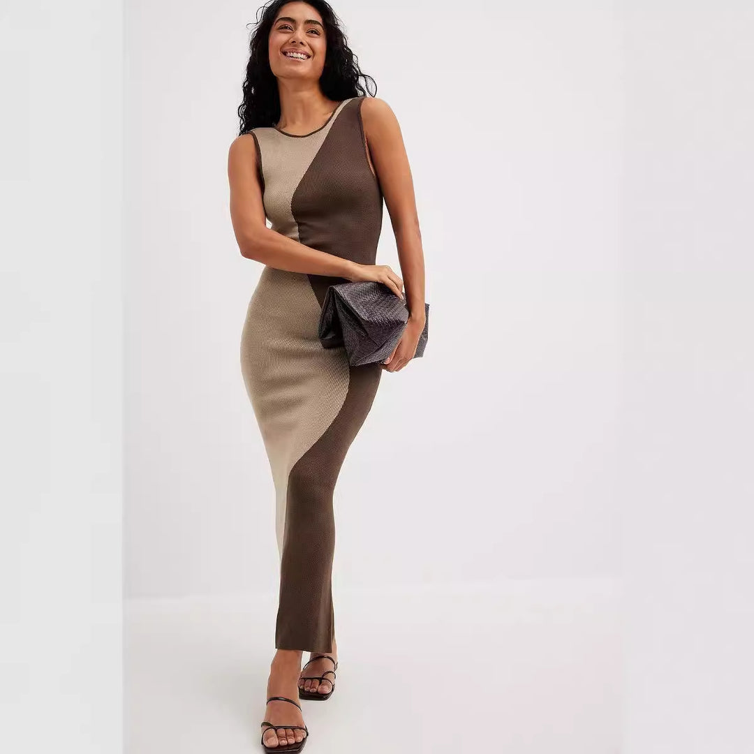 Damen figurbetontes Maxi-Kleid mit modischem Farbblockdesign EB