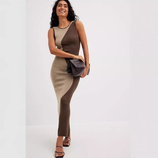 Damen figurbetontes Maxi-Kleid mit modischem Farbblockdesign EB