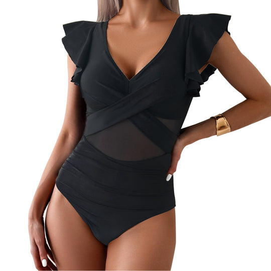 Damen Eleganter Einteiler Badeanzug mit verspielten Rüschen EB