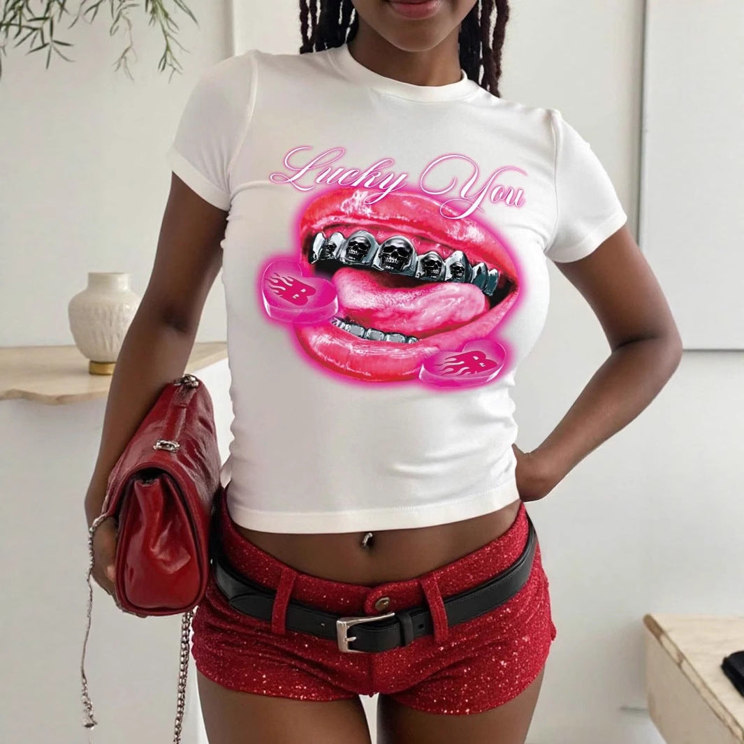 Damen T-Shirt mit kreativem Lippenmotiv und auffälligem Grafikdruck EB