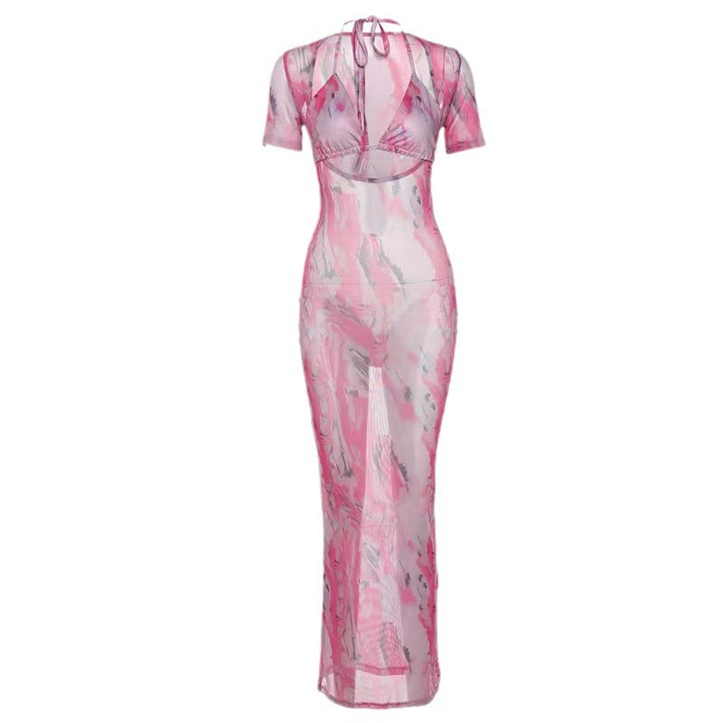Damen Schickes Wickelkleid mit tiefem Ausschnitt und buntem Marmor-Muster EB