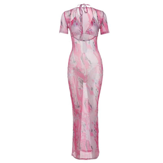 Damen Schickes Wickelkleid mit tiefem Ausschnitt und buntem Marmor-Muster EB