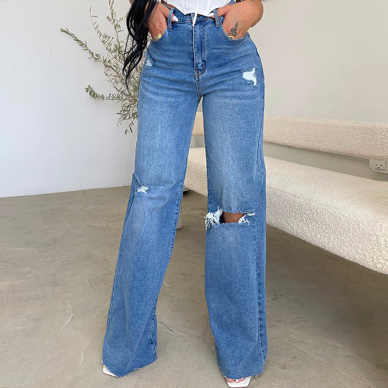 Damen Weit geschnittene Jeans mit distressed Details und hohem Bund EB